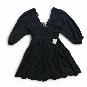 Free People Black Eyelet Black Lace Up Boho Casual Dress